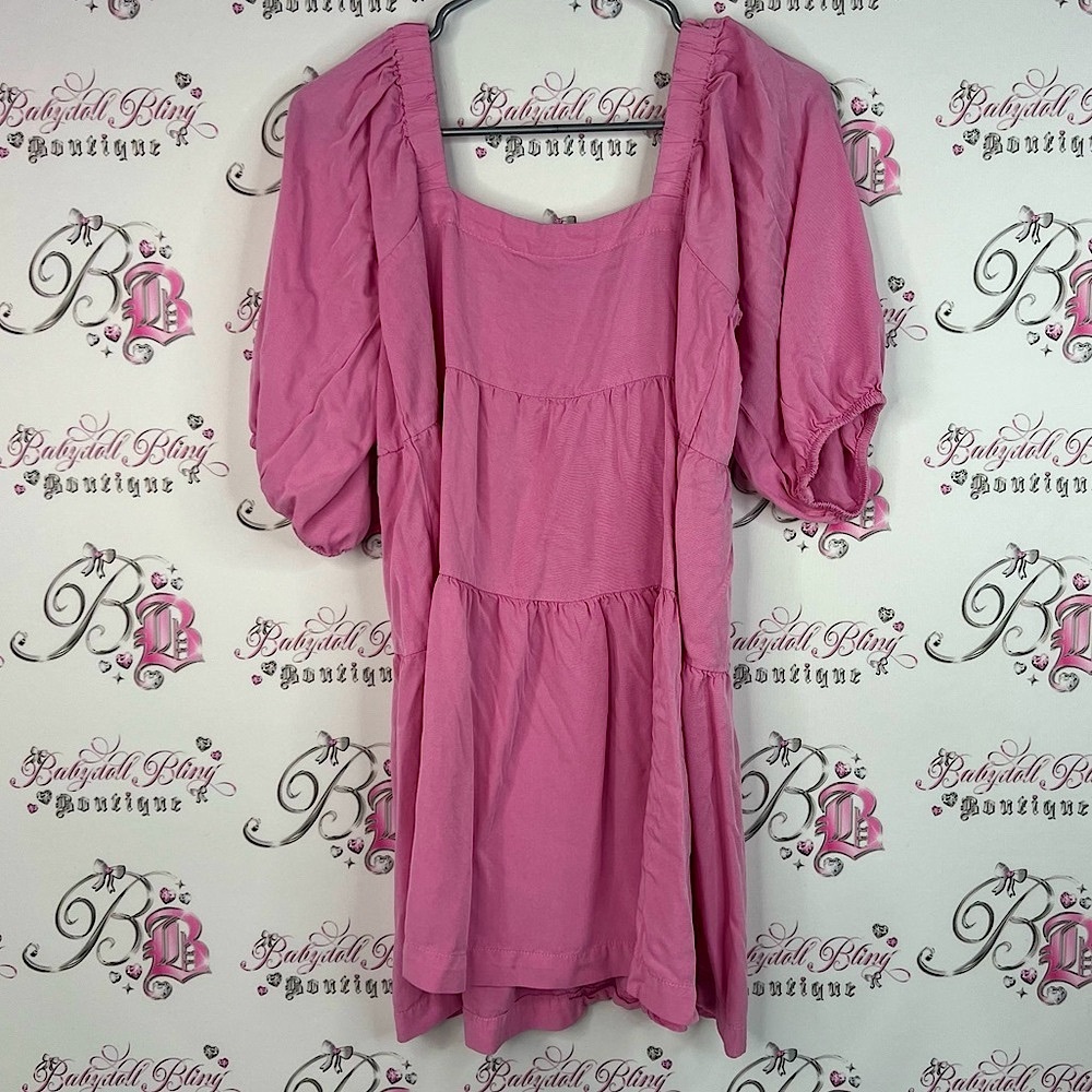 Shinestar Dress tiered ruffle Pink Puff Sleeve Women's midi dress cute milkmaid